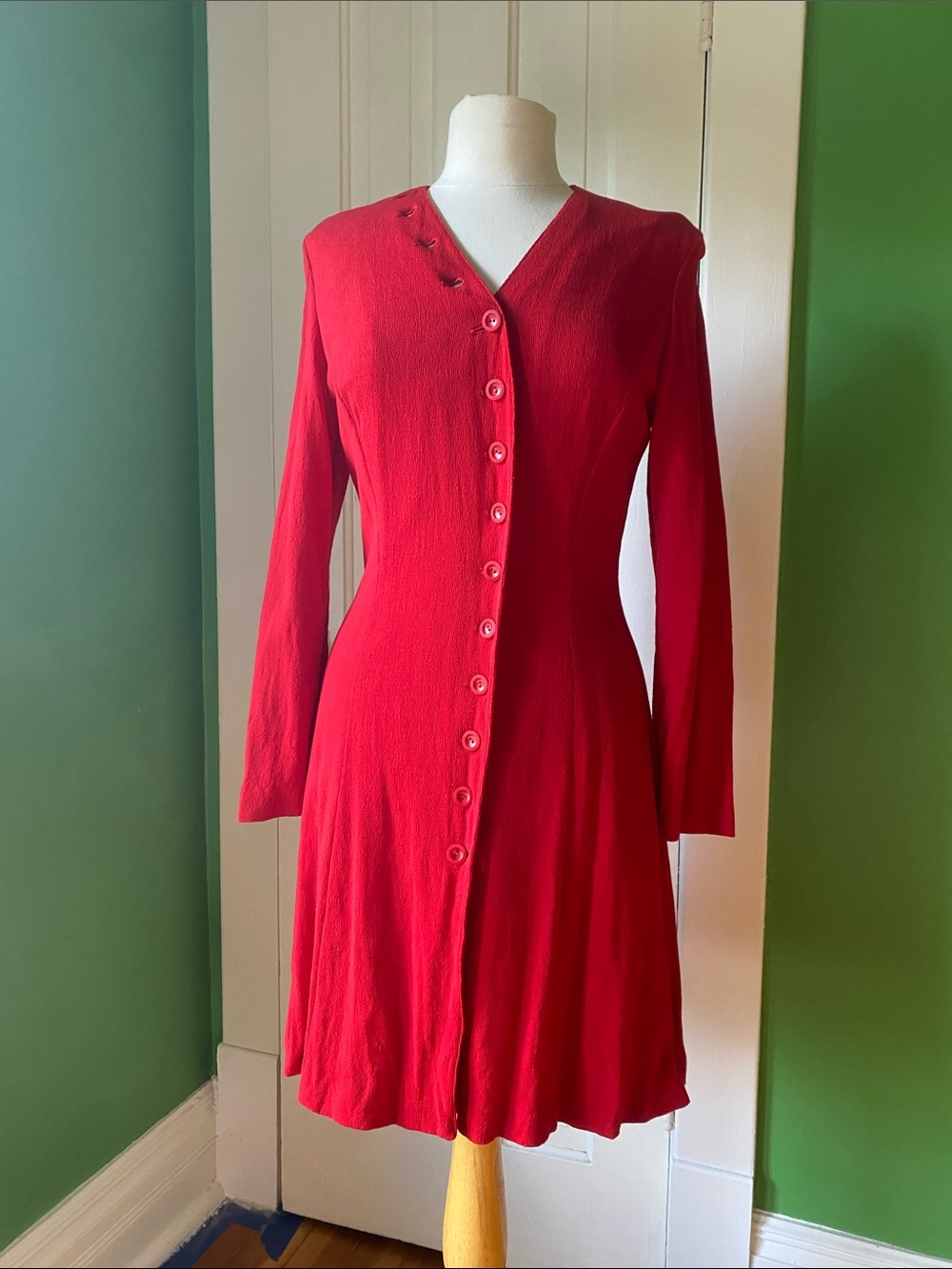 Vintage 90s Ungaro Solo Donna red button down long sleeve flared dress Italy